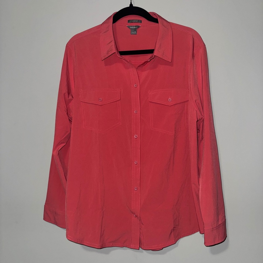 Eddie Bauer Women XL Coral Pink Roll Tab Sleeve Button Down Shirt Classic Fit